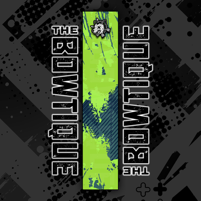 Comic pop art arrow wrap featuring "THE BOWTIQUE" in distressed white text on a grungy green and black background.