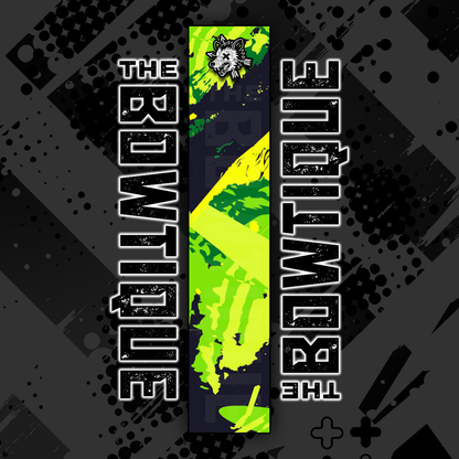 Comic pop art arrow wrap featuring "THE BOWTIQUE" text and vibrant green/yellow graphic elements.