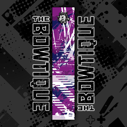 Comic pop arrow wrap featuring "THE BOWTIE" text and a vibrant, abstract purple and white pattern.