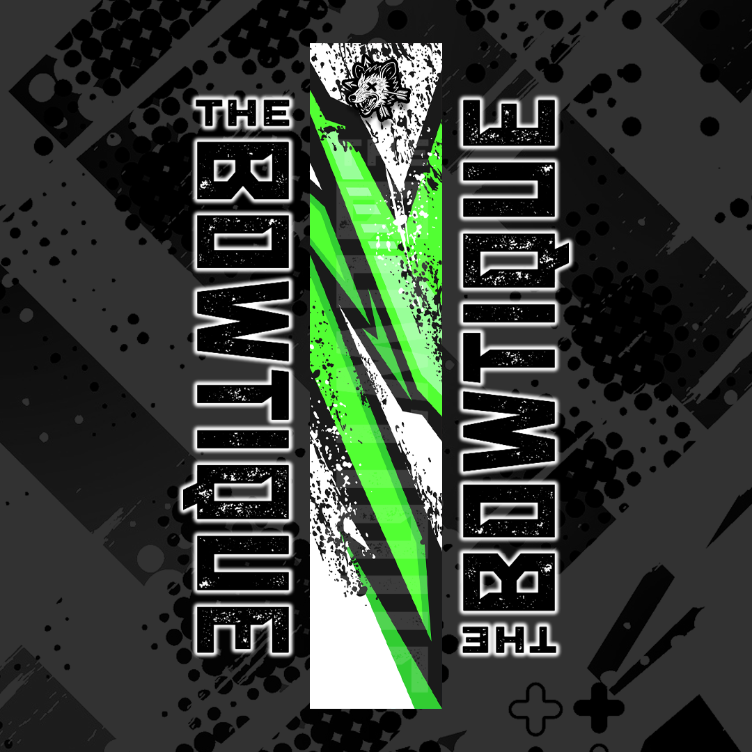 Comic pop arrow wrap design featuring "THE BOWTIQUE" text in black and vibrant green on a dark, distressed background.