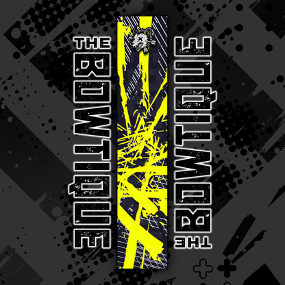 Comic pop arrow wrap featuring "THE BOWTIQUE" text on a black and bright yellow distressed background.