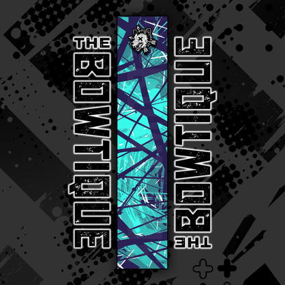 Comic pop arrow wrap featuring "THE BOWTIQUE" text and vibrant blue/teal abstract graphic.