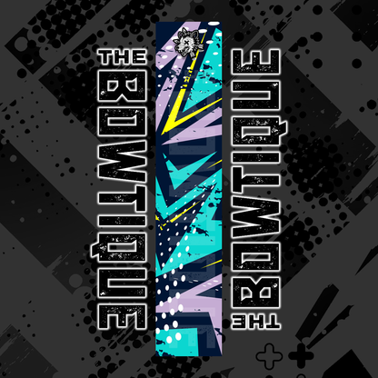 Comic pop arrow wrap featuring "THE BOWTIQUE" text and vibrant blue/yellow/black graphic design.