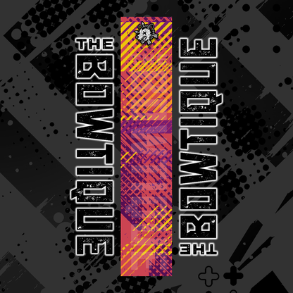 Comic pop arrow wrap featuring "THE BOWTIE" text and vibrant red/yellow diagonal stripes on a dark background.