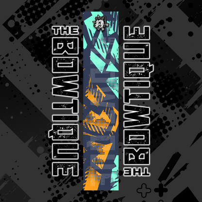 Comic pop arrow wrap featuring "THE BOWTIQUE" text and vibrant orange/teal geometric design.