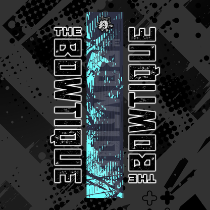 Comic pop arrow wrap featuring "THE BOWTIQUE" text in white and a distressed blue/black background.