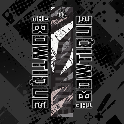 Comic pop arrow wrap featuring "THE BOWTIQUE" text in distressed white and black on a dark, grungy background.