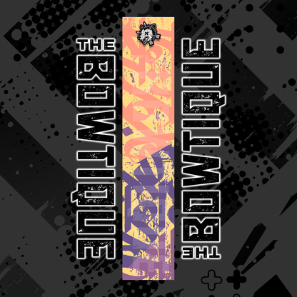 Comic pop arrow wrap design featuring "THE BOWTIE" text and a stylized, distressed yellow/purple graphic on a dark background.