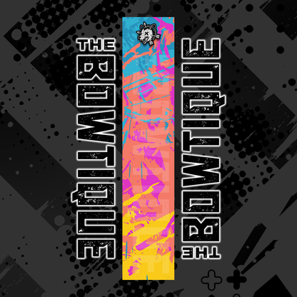Comic pop art arrow wrap featuring "THE BOWTIQUE" text on a vibrant, distressed yellow, pink, and blue background.