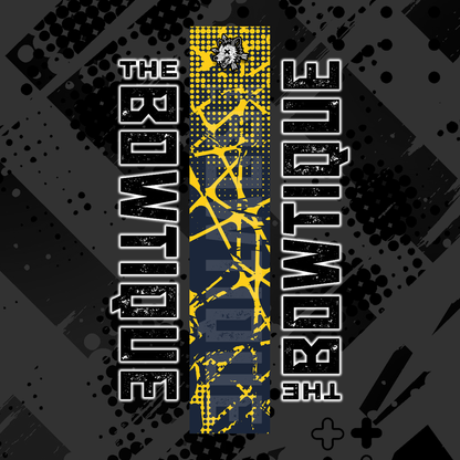 Comic pop art arrow wrap featuring "THE BOWTIQUE" in distressed white text on a black and yellow grunge background.