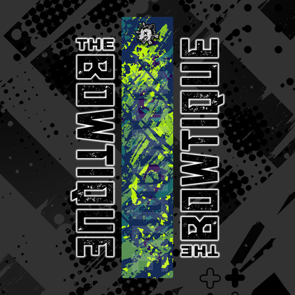 Comic pop arrow wrap featuring "THE BOUTIQUE" text on a dark, distressed background with neon green and blue splatters.