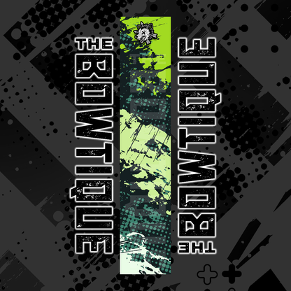 Comic pop arrow wrap featuring "THE BOWTIE" text on a distressed, green and black background.
