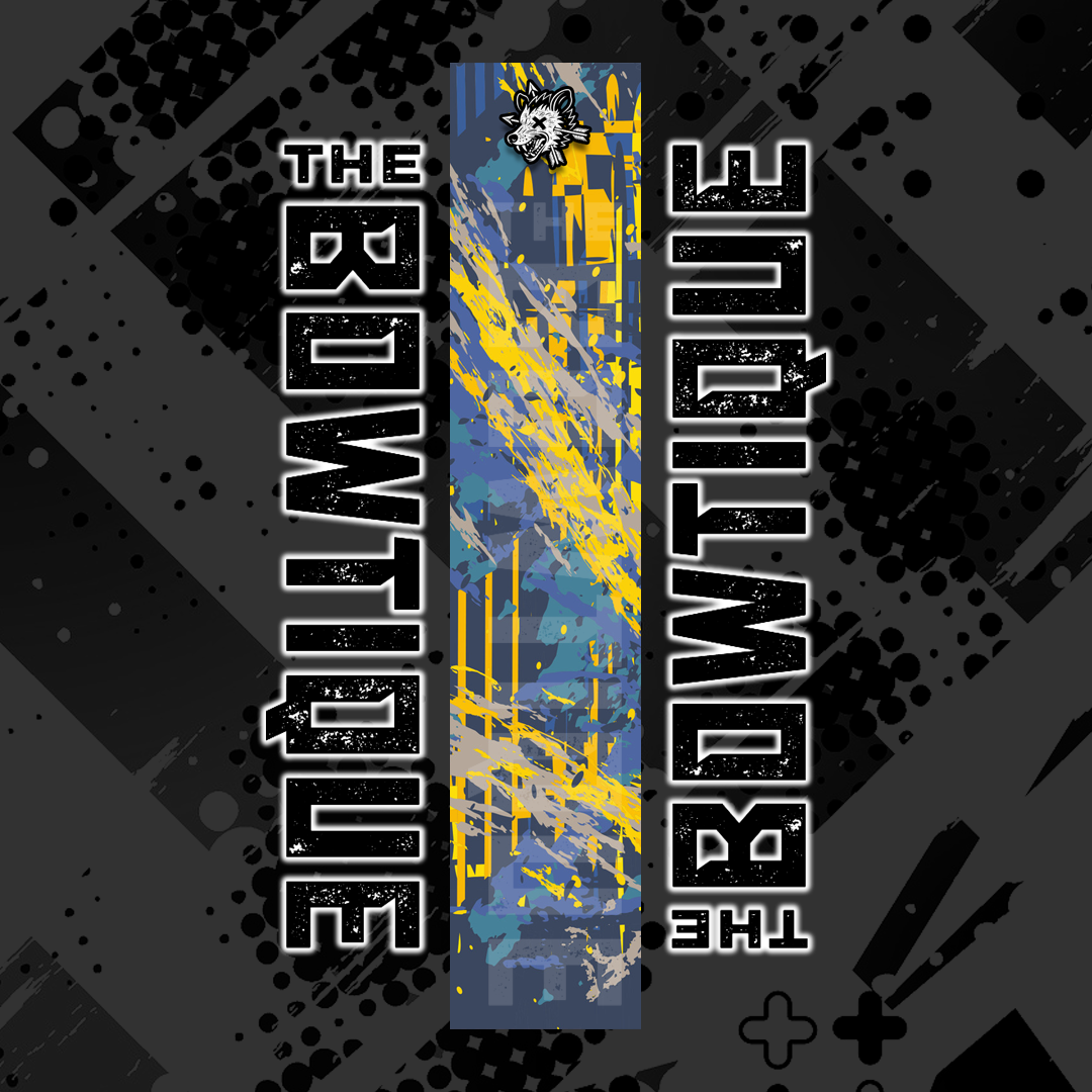 Comic pop arrow wrap featuring "THE BOUTIQUE" text on a distressed blue and yellow abstract background.