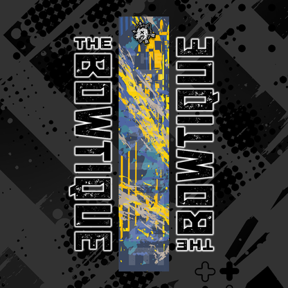Comic pop arrow wrap featuring "THE BOUTIQUE" text on a distressed blue and yellow abstract background.