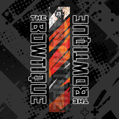 Comic pop arrow wrap featuring "THE BOWTIQUE" in distressed white text on a black, orange, and gray background.