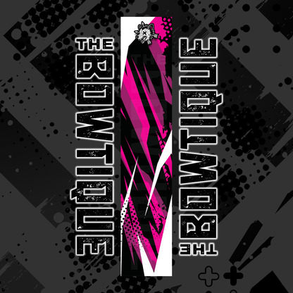 Comic pop arrow wrap design featuring "THE BOWTIE BOUTIQUE" in black and vibrant pink on a dark background.