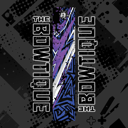 Comic pop arrow wrap design with "THE BOWTIE BOUTIQUE" text in black and purple on a dark background.