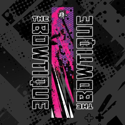 Comic pop art graphic featuring "THE BOWTIE BOUTIQUE" in bold white text over a vibrant pink and black arrow design.