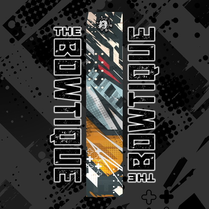 Comic pop arrow wrap design featuring "THE BOWTIE" text in black, white, and orange on a dark background.