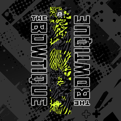 Comic pop arrow wrap featuring "THE BOWTIQUE" text on a black and yellow zebra print background.