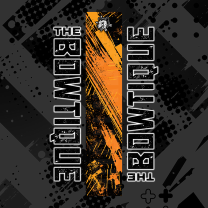 Comic pop arrow wrap featuring "THE BOWTIQUE" in distressed white text on a black and orange grunge background.