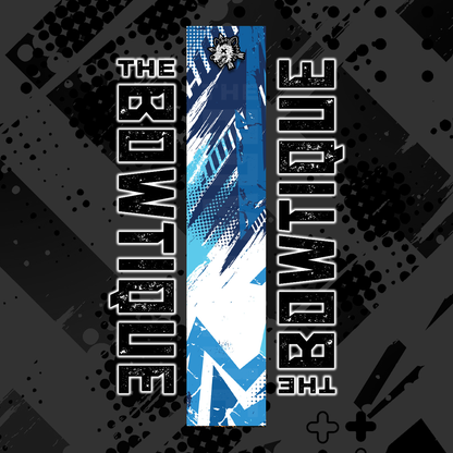 Comic pop arrow wrap featuring "THE BOWTIE BOUTIQUE" in distressed white text on a blue and white graphic.