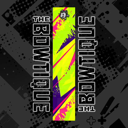 Comic pop arrow wrap featuring "THE BOWTIQUE" text on a black background with bright yellow and magenta accents.