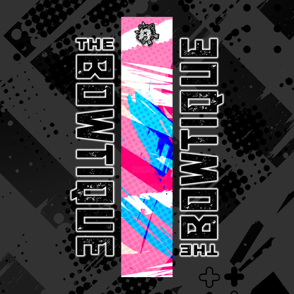 Comic pop arrow wrap featuring "THE BOWTIE BOUTIQUE" text on a pink and blue abstract background.