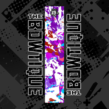 Comic pop arrow wrap featuring "THE BOUTIQUE" text on a vibrant, abstract purple, pink, and blue splatter background.