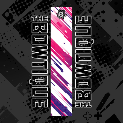 Comic pop arrow wrap featuring "THE BOUTIQUE" text and vibrant pink/purple diagonal stripes on a dark background.