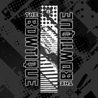 Black and white comic pop arrow wrap featuring "THE BOWTIE BOUTIQUE" text design.