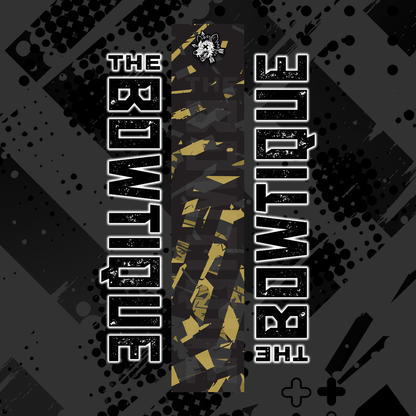 Comic pop arrow wrap design: "THE BOWTIE" in distressed white text on a dark, grungy background with gold accents.