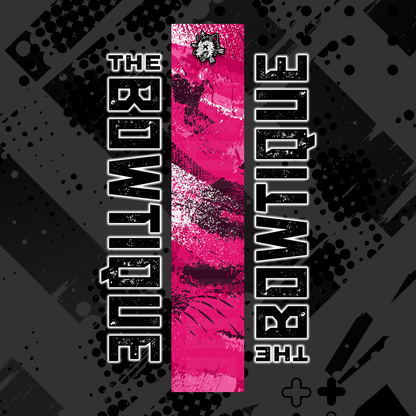 Comic pop arrow wrap featuring "THE BOWTIE BOUTIQUE" in white text on a black and vibrant pink distressed background.