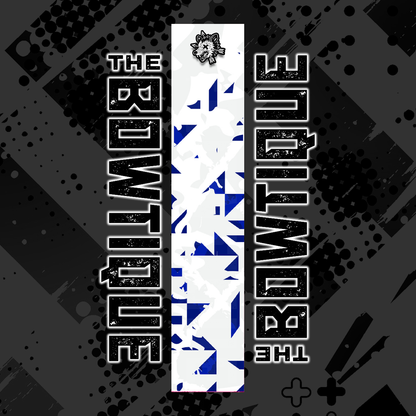 Comic pop arrow wrap featuring "THE BOWTIE" text and a central blue and white geometric pattern.