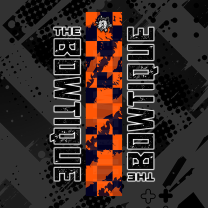 Comic pop arrow wrap featuring "THE BOWTIQUE" text on an orange and black checkered pattern.