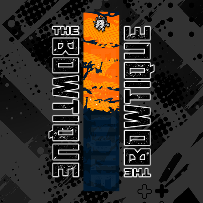 Comic pop art arrow wrap featuring "THE BOWTIQUE" in white, with an orange and blue distressed background.