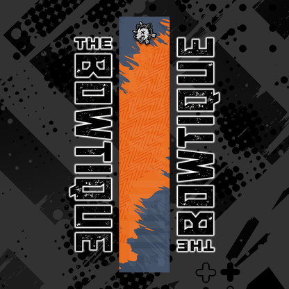 Comic pop arrow wrap featuring "THE BOWTIQUE" text in white on a distressed orange and gray background.