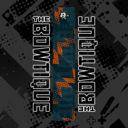 Comic pop arrow wrap featuring "THE BOWTIQUE" text on a dark, distressed background with orange and blue accents.