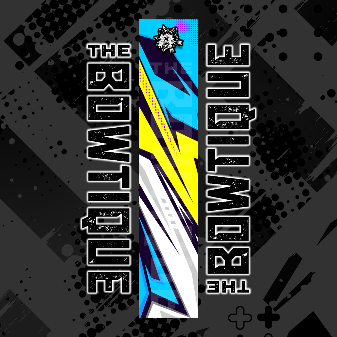 Comic pop arrow wrap featuring "THE BOWTIE" text and bright yellow/blue/white diagonal stripes.