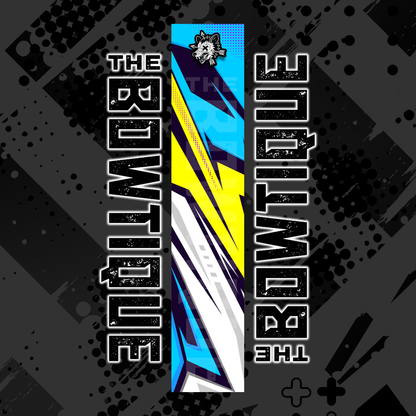 Comic pop arrow wrap featuring "THE BOWTIE" text and bright yellow/blue/white diagonal stripes.