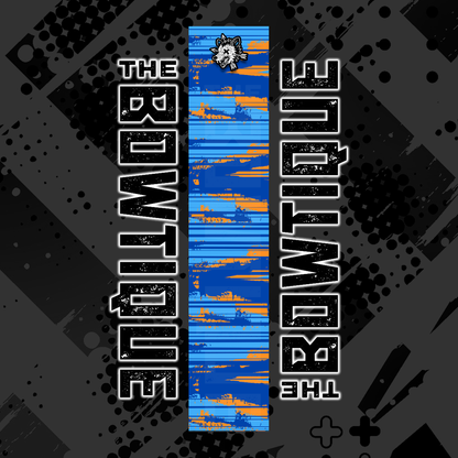 Comic pop arrow wrap featuring "THE BOWTIE" text and blue/orange distressed stripes on a black background.
