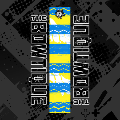 Comic pop arrow wrap featuring "THE BOWTIQUE" text on a yellow and blue striped background.