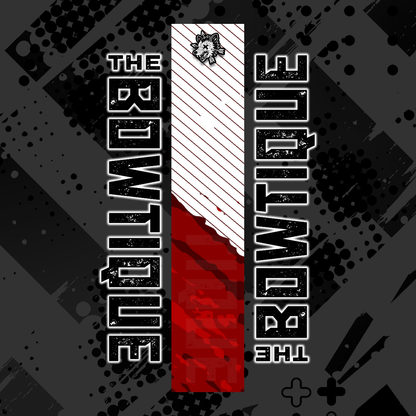 Comic pop style arrow wrap featuring "THE BOWTIE BOUTIQUE" in white and red on a distressed black background.