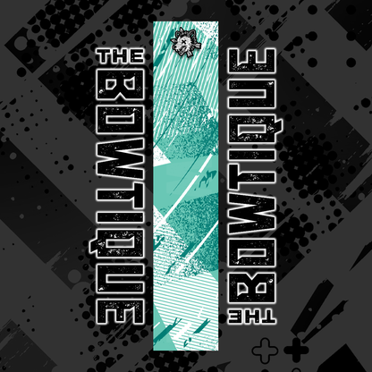 Comic pop arrow wrap featuring "THE BOUTIQUE" text in white on a distressed black and teal background.