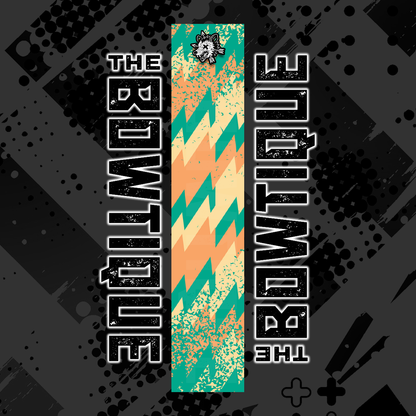 Comic pop arrow wrap design: "THE BOWTIQUE" in distressed white text over a teal and orange chevron pattern on a dark background.