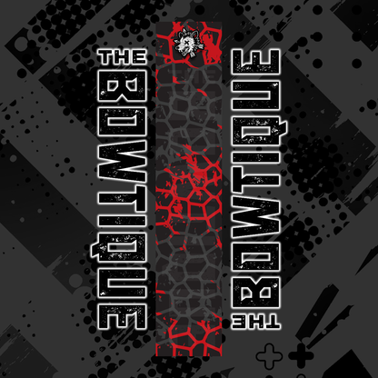 Comic pop art arrow wrap featuring "THE BOWTIQUE" in distressed white text on a black and gray background with red splatter.