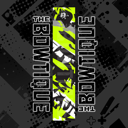 Comic pop style arrow wrap featuring "THE BOWTIE BOUTIQUE" in bold, distressed black and vibrant neon yellow on a dark background.