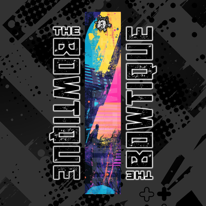 Comic pop arrow wrap featuring "THE BOWTIQUE" text and vibrant, abstract color splashes.