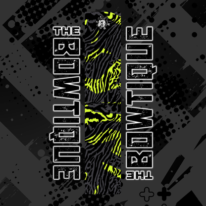 Comic pop arrow wrap featuring "THE BOWTIQUE" text and a vibrant yellow and black zebra print on a dark gray background.