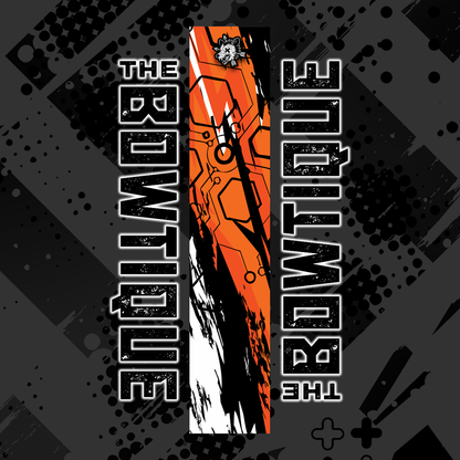Comic pop art arrow wrap featuring "THE BOWTIQUE" text on a black and orange distressed background.